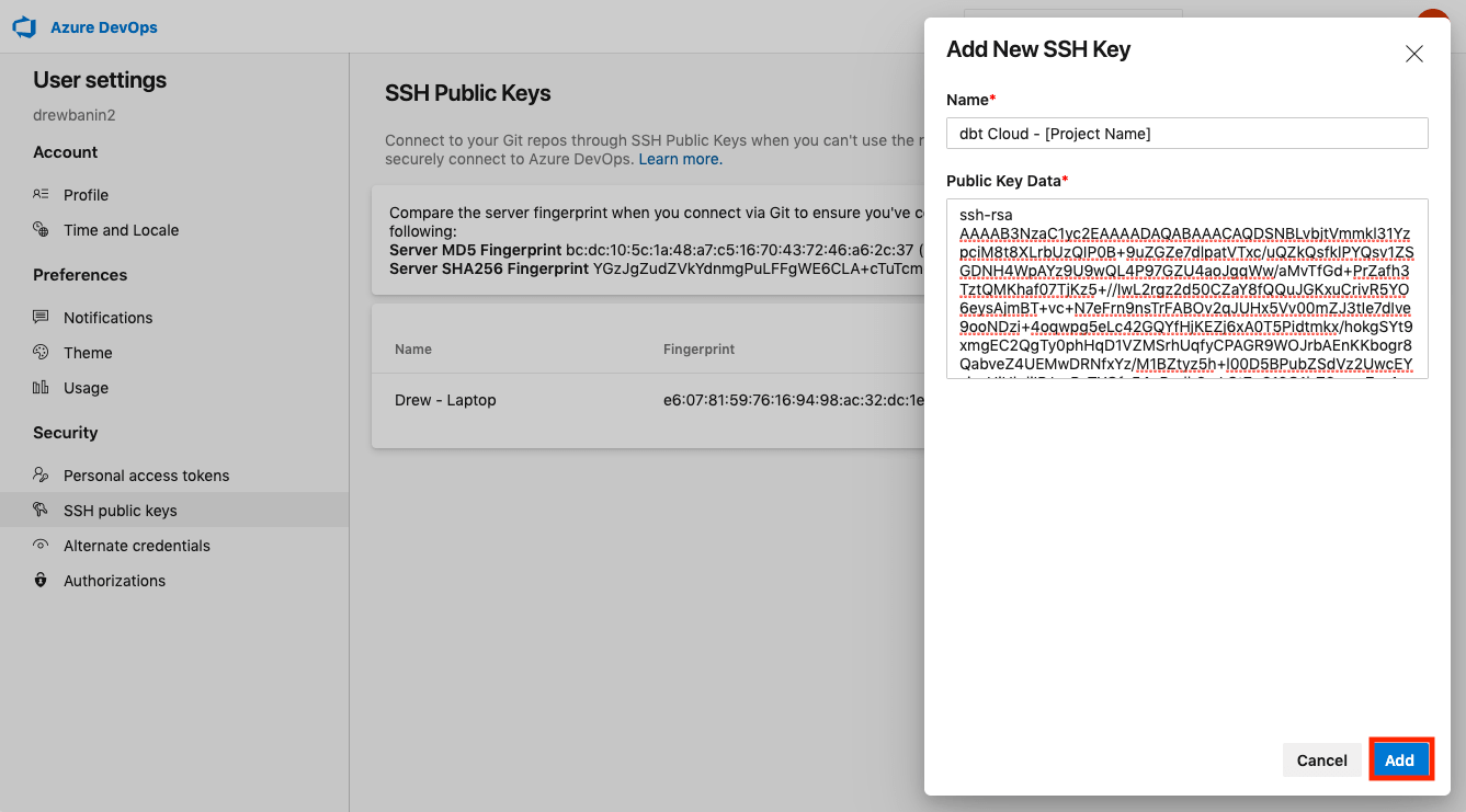 Enter and save the public key generated for your repository by dbt